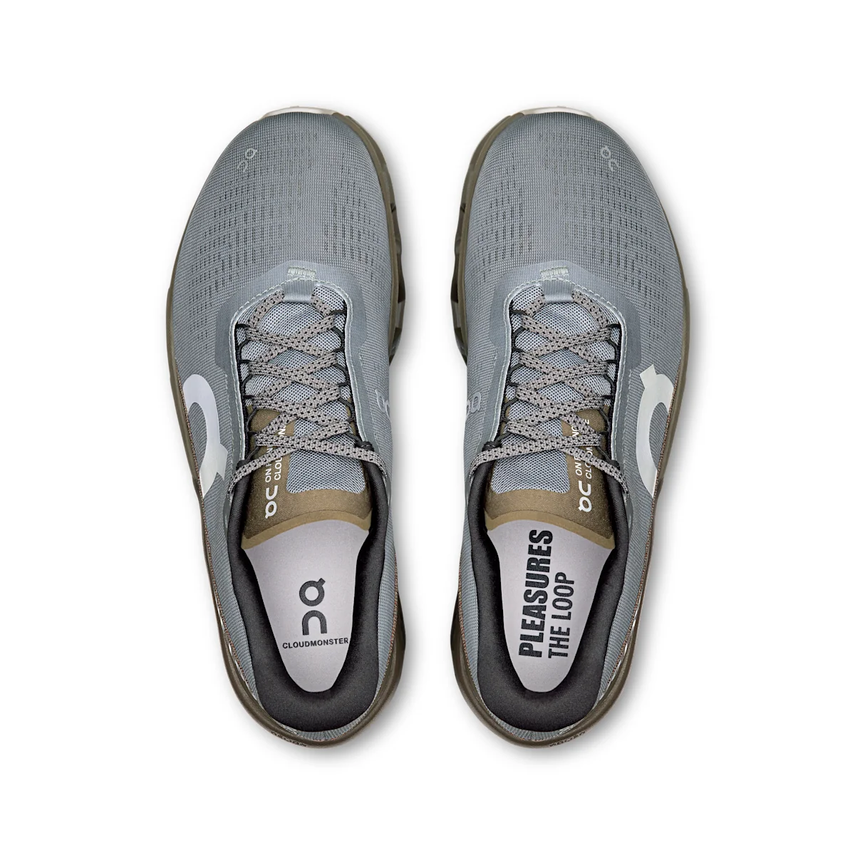 On Cloudmonster 2 - Mist / Olive A collaboration with PLEASURES x The Loop Running Supply Co.